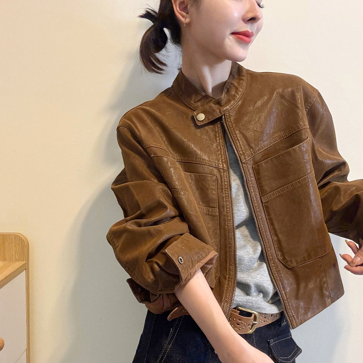 复古立领PU皮羽绒服女欧洲站2026冬季新款欧货女装时尚短款外套潮