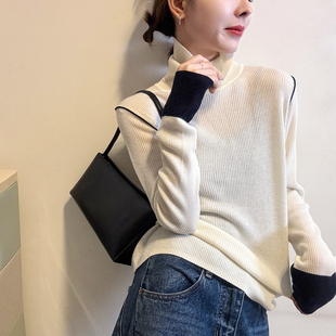 欧货女装 新款 堆堆领毛衣潮 女欧洲站2025冬装 撞色高领细羊毛针织衫