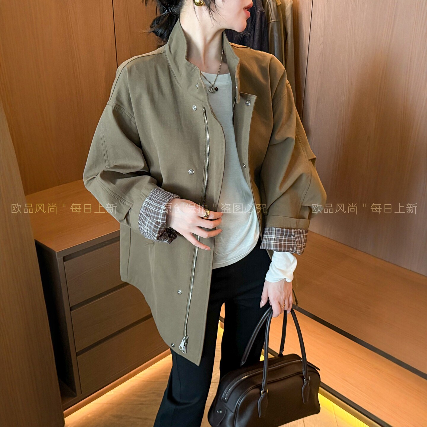 撞色格子立领休闲风衣女欧洲站潮