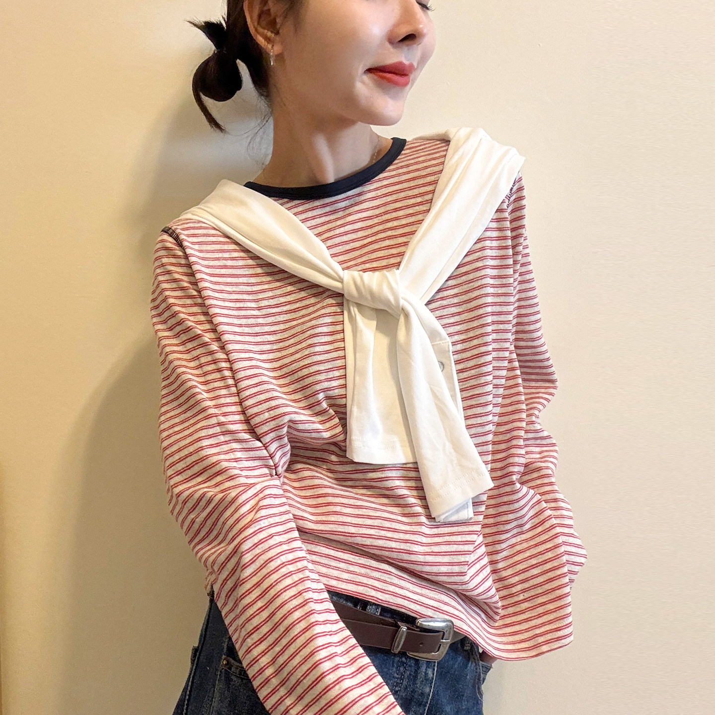撞色条纹大版长袖T恤女欧货上衣