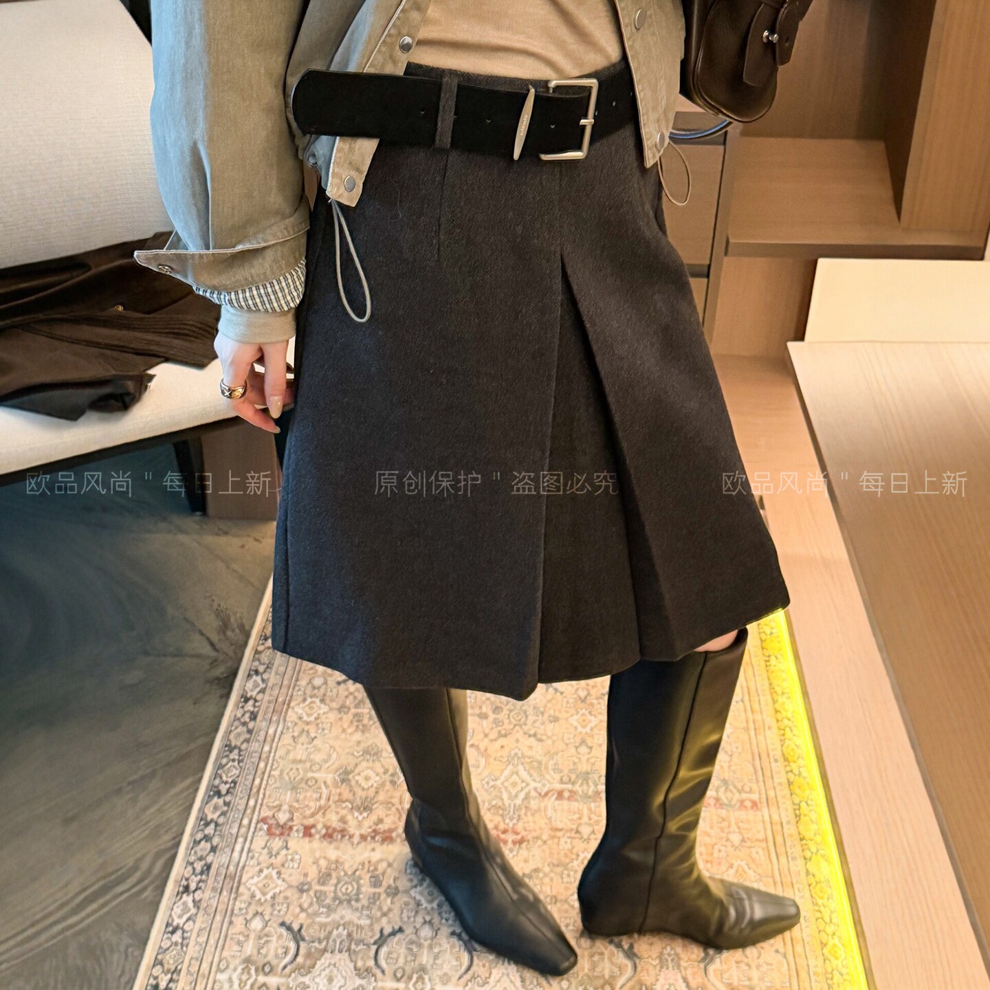 羊毛呢开叉A字西装半身裙女欧货