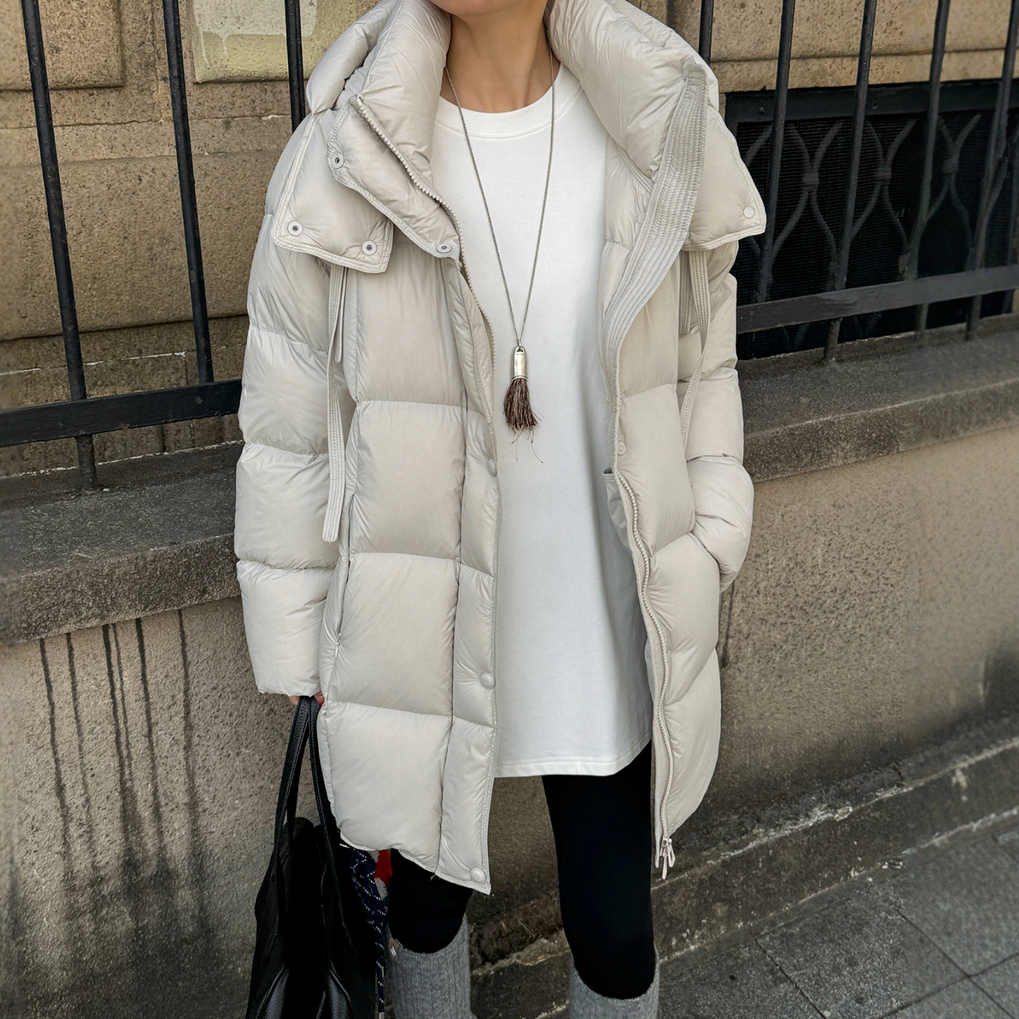 抽绳连帽白鹅绒羽绒服女欧货外套