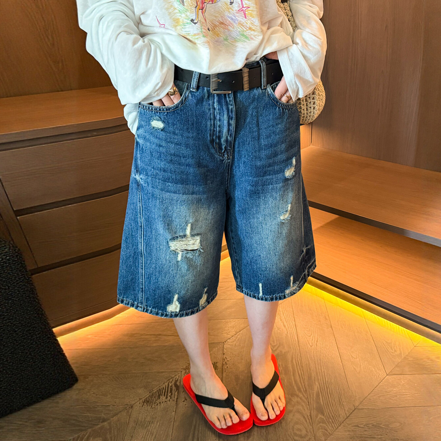 复古破洞阔腿牛仔中裤女欧洲站2026夏季新款欧货女装短裤五分裤潮