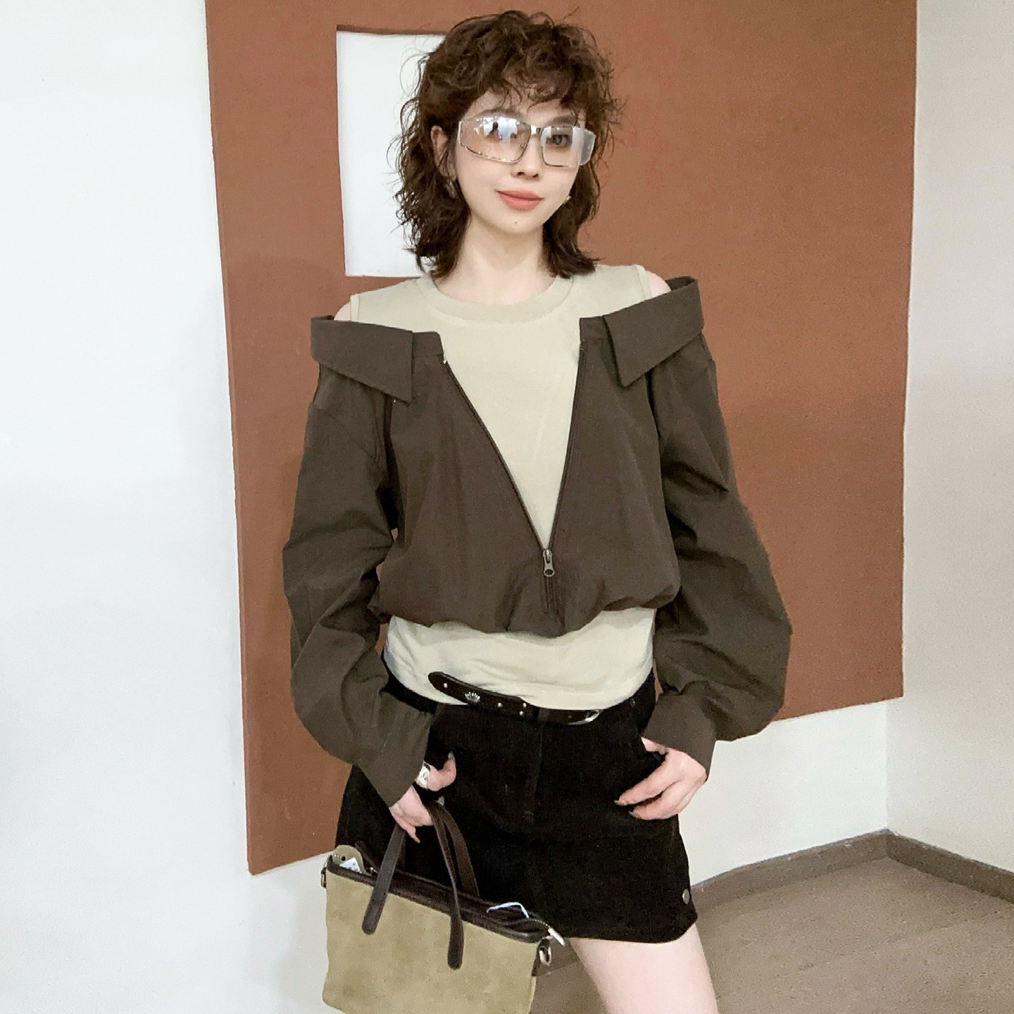 假两件POLO领露肩衬衫女欧货上衣