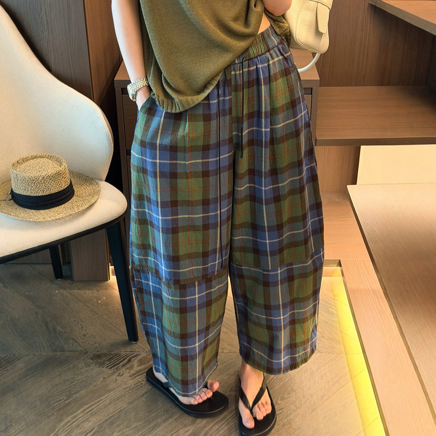 抽绳格子九分弯刀阔腿裤女欧洲站