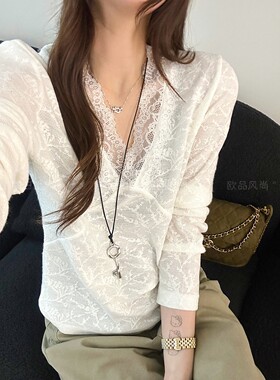镂空钩花V领长袖蕾丝衬衫女欧货