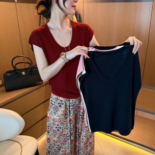 小飞袖U领冰丝针织衫女欧货打底