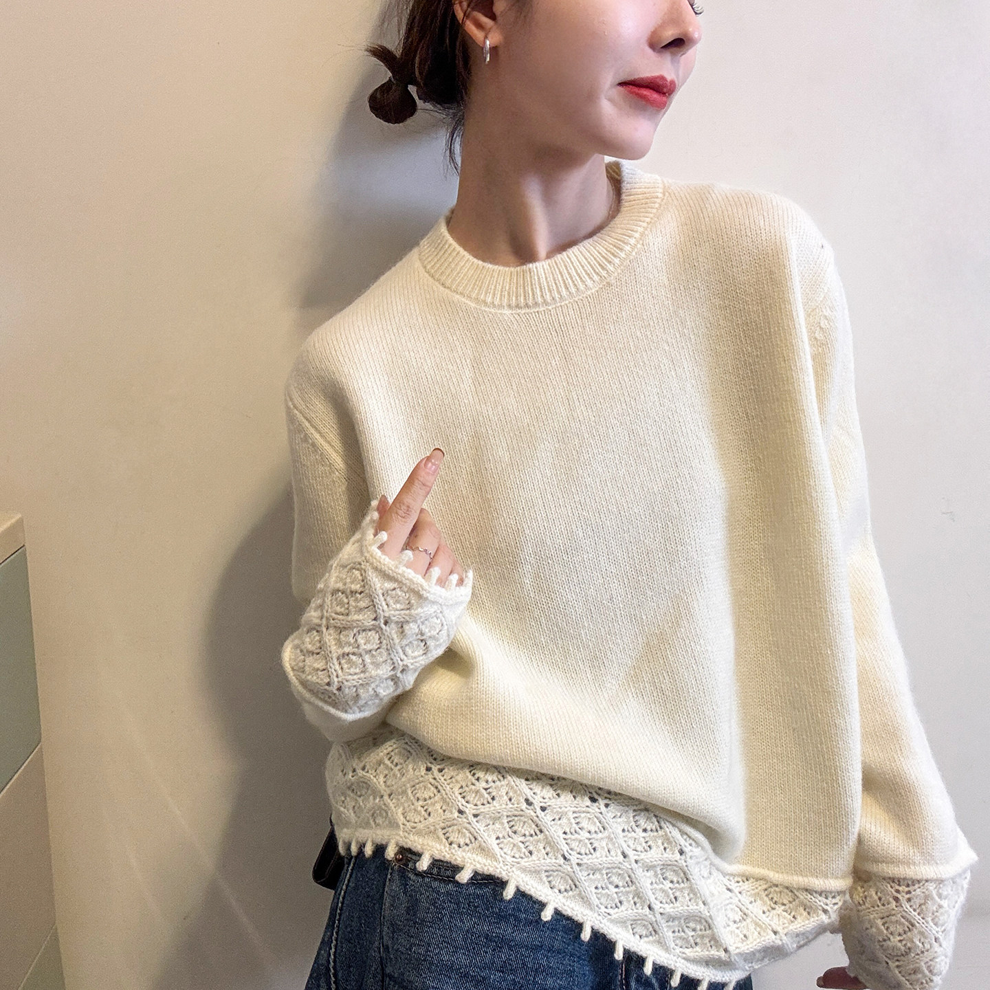 下摆镂空钩花羊毛针织衫女欧洲站