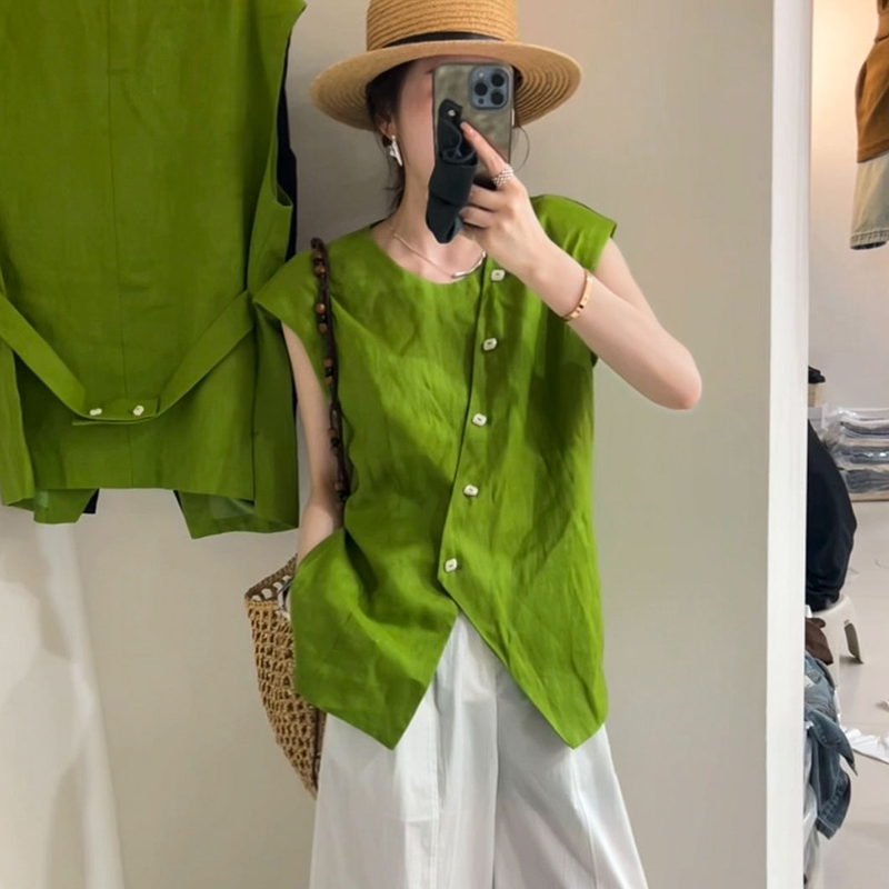 不規(guī)則斜扣棉麻襯衫女歐洲站2025夏裝新款歐貨女裝時(shí)尚A字小衫潮