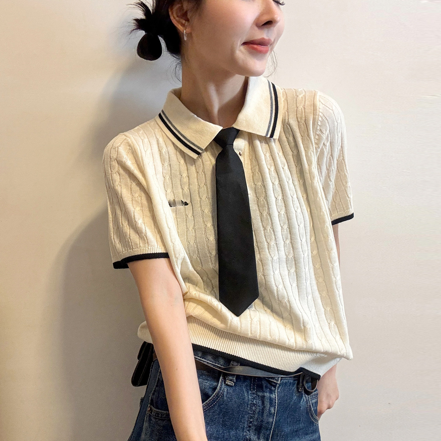 配领带麻花纹羊毛针织衫女欧洲站