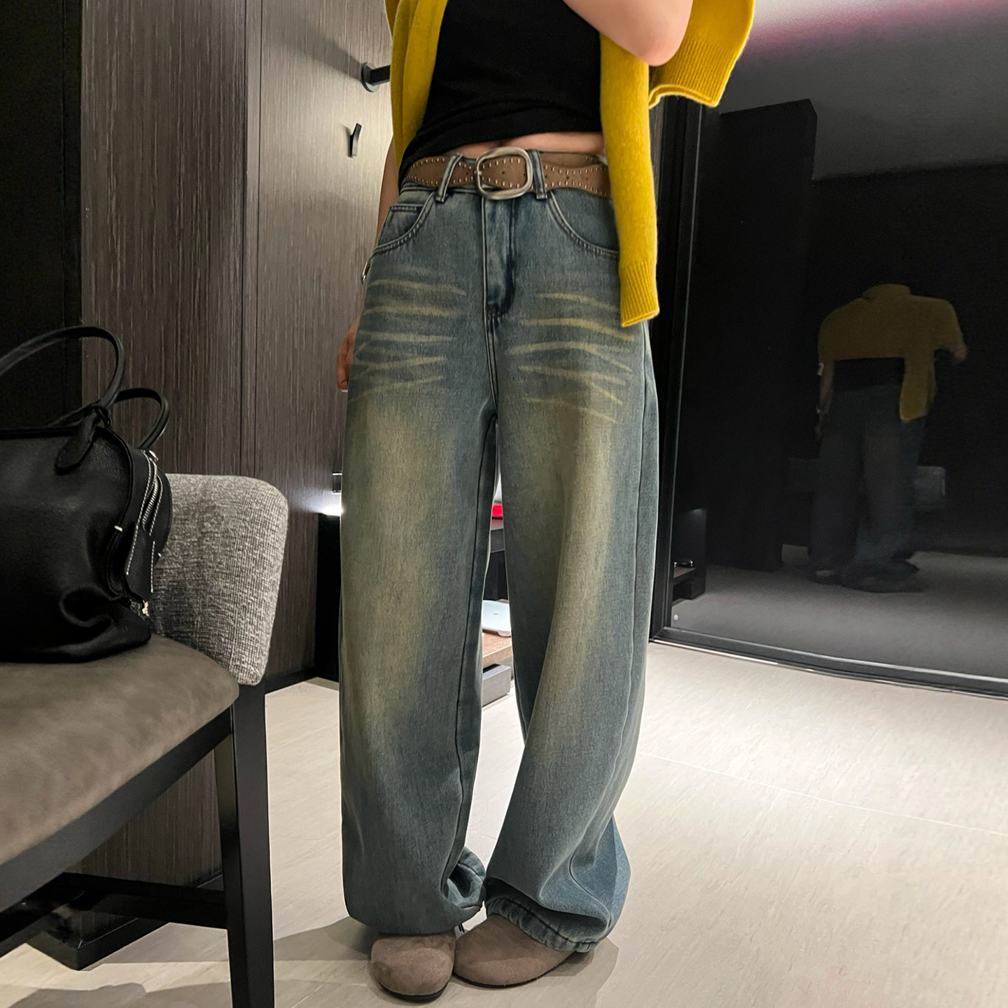 复古做旧拖地加绒牛仔裤女欧洲站