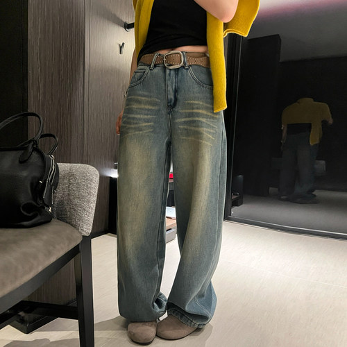 复古做旧拖地加绒牛仔裤女欧洲站