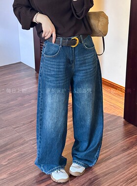 复古弯刀拖地阔腿牛仔裤女欧洲站