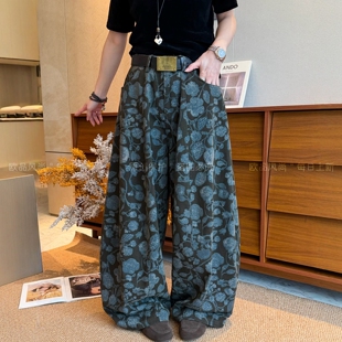 复古印花拖地阔腿牛仔裤女欧洲站2026早秋新款欧货女装时尚老爹裤