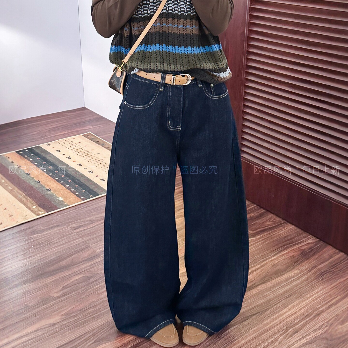 深蓝色拖地弯刀阔腿牛仔裤女欧货