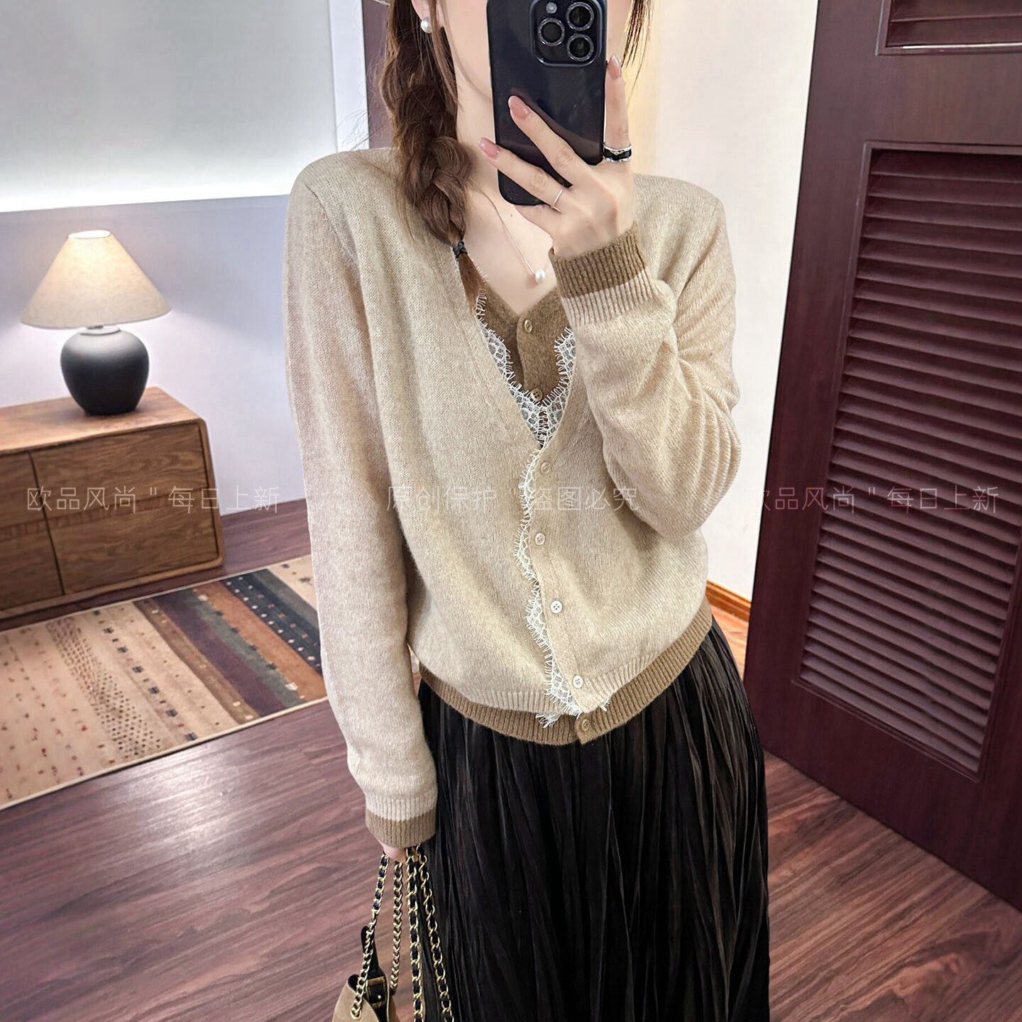 假两件蕾丝羊毛针织开衫女欧洲站