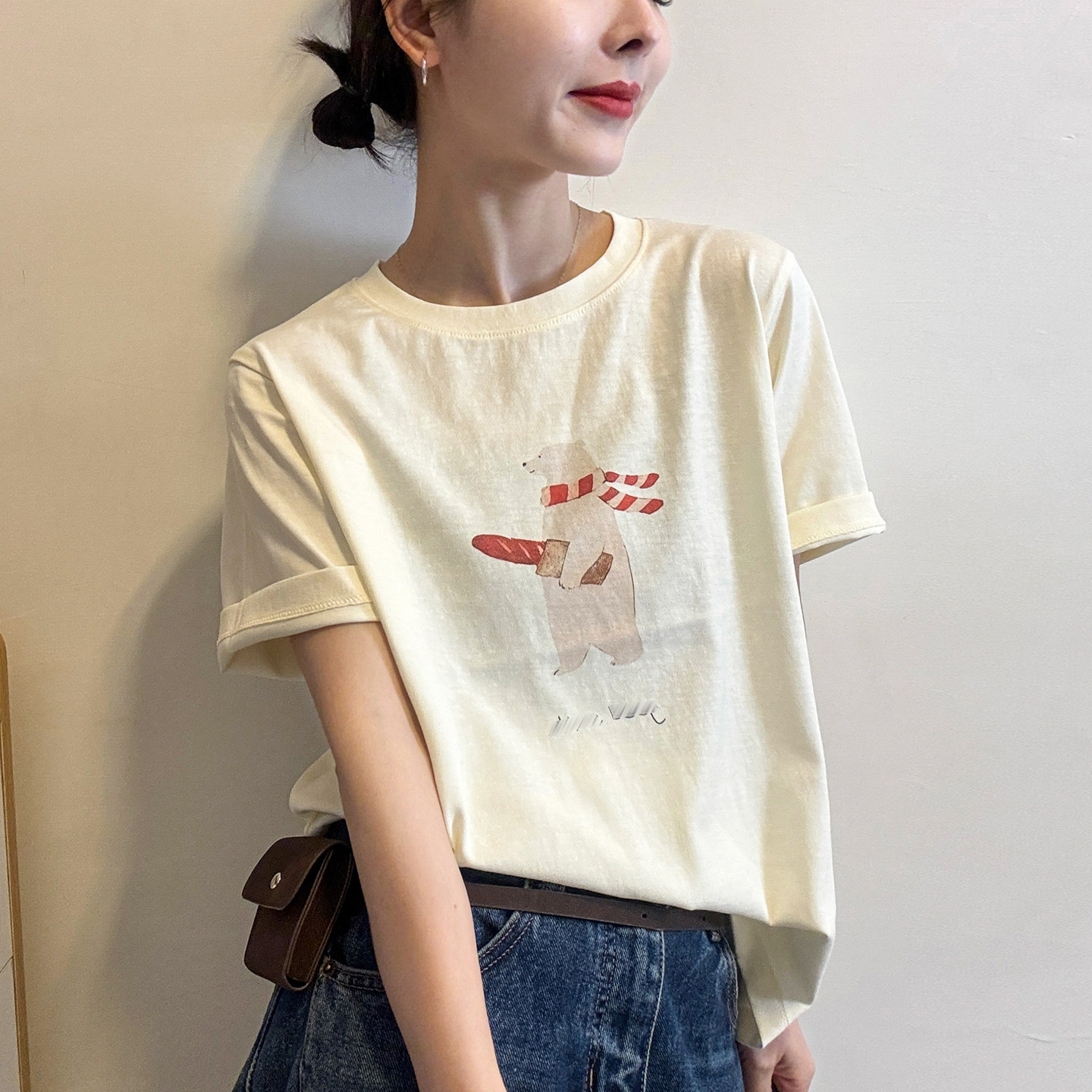 小熊印花短袖面膜T恤女欧洲站2026春装新款欧货女装时尚打底衫潮