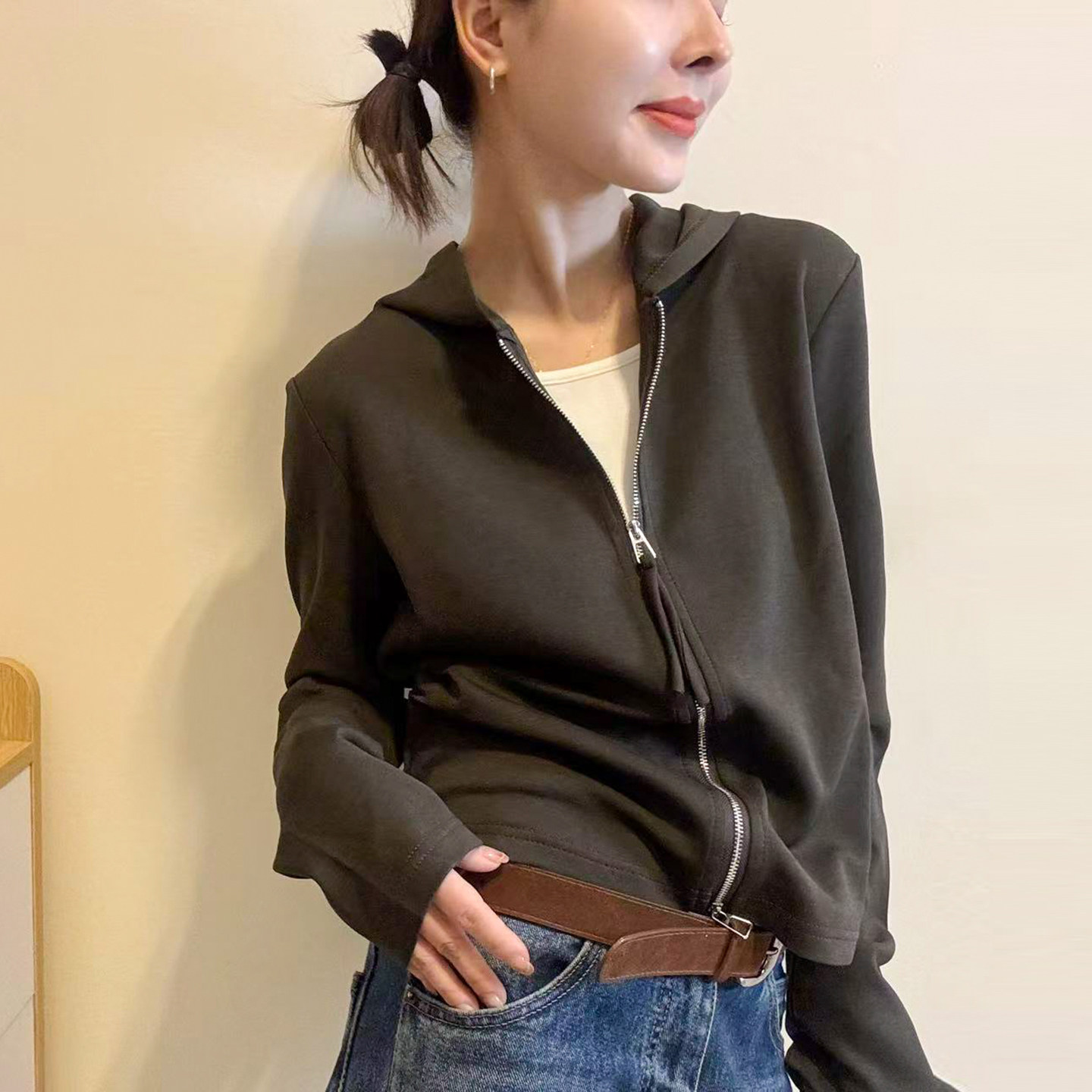 双拉链连帽卫衣开衫外套女欧洲站