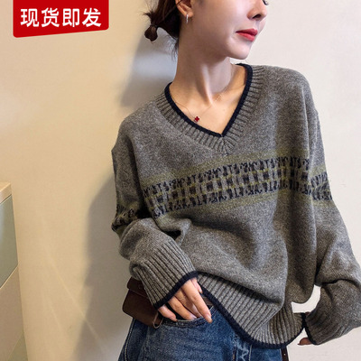 复古提花V领羊毛针织衫女欧洲站