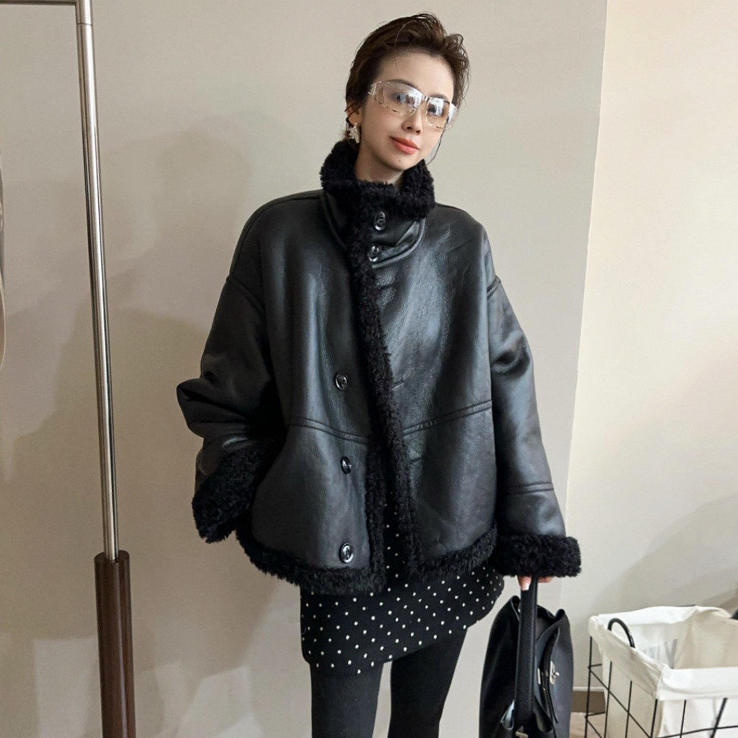 蛋白皮PU羊羔毛皮毛一体外套女欧洲站2025冬装新款欧货女装皮草潮