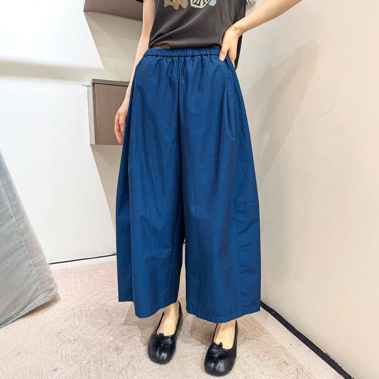 抽绳系带匹马棉八分阔腿裤女欧货