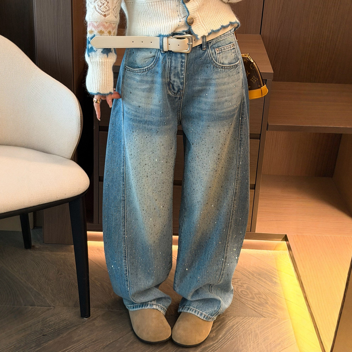 重工烫钻弯刀牛仔裤女欧洲站2025冬装新款欧货女装拖地阔腿裤子潮,女装/女士精品,牛仔裤,淘宝优惠券,粉丝福利购,淘宝优惠卷