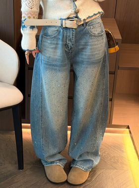 重工烫钻弯刀牛仔裤女欧洲站2026春装新款欧货女装拖地阔腿裤子潮