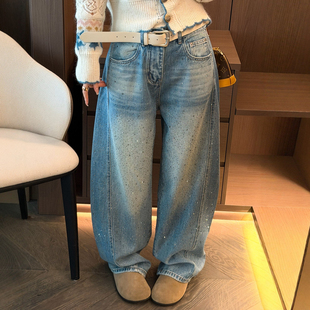 重工烫钻弯刀牛仔裤女欧洲站2025冬装新款欧货女装拖地阔腿裤子潮