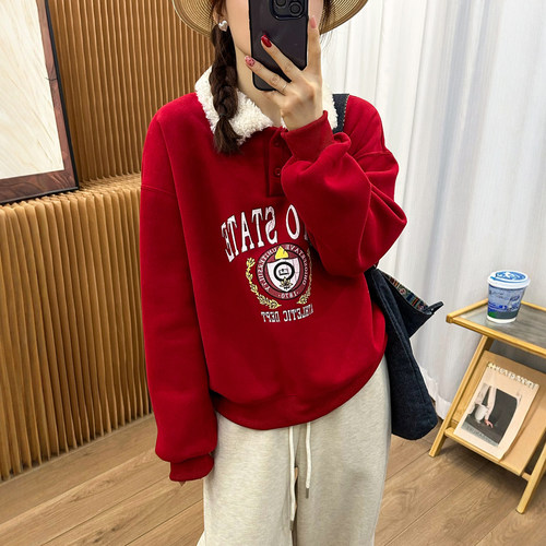 羊羔毛领印花加绒卫衣女欧货打底