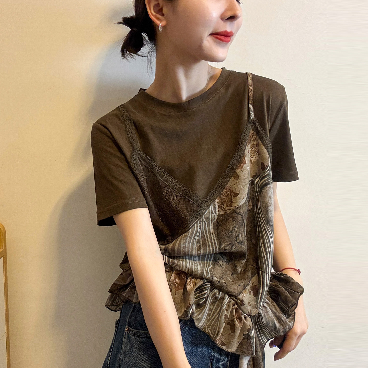 假两件拼接荷叶边短袖T恤女欧货