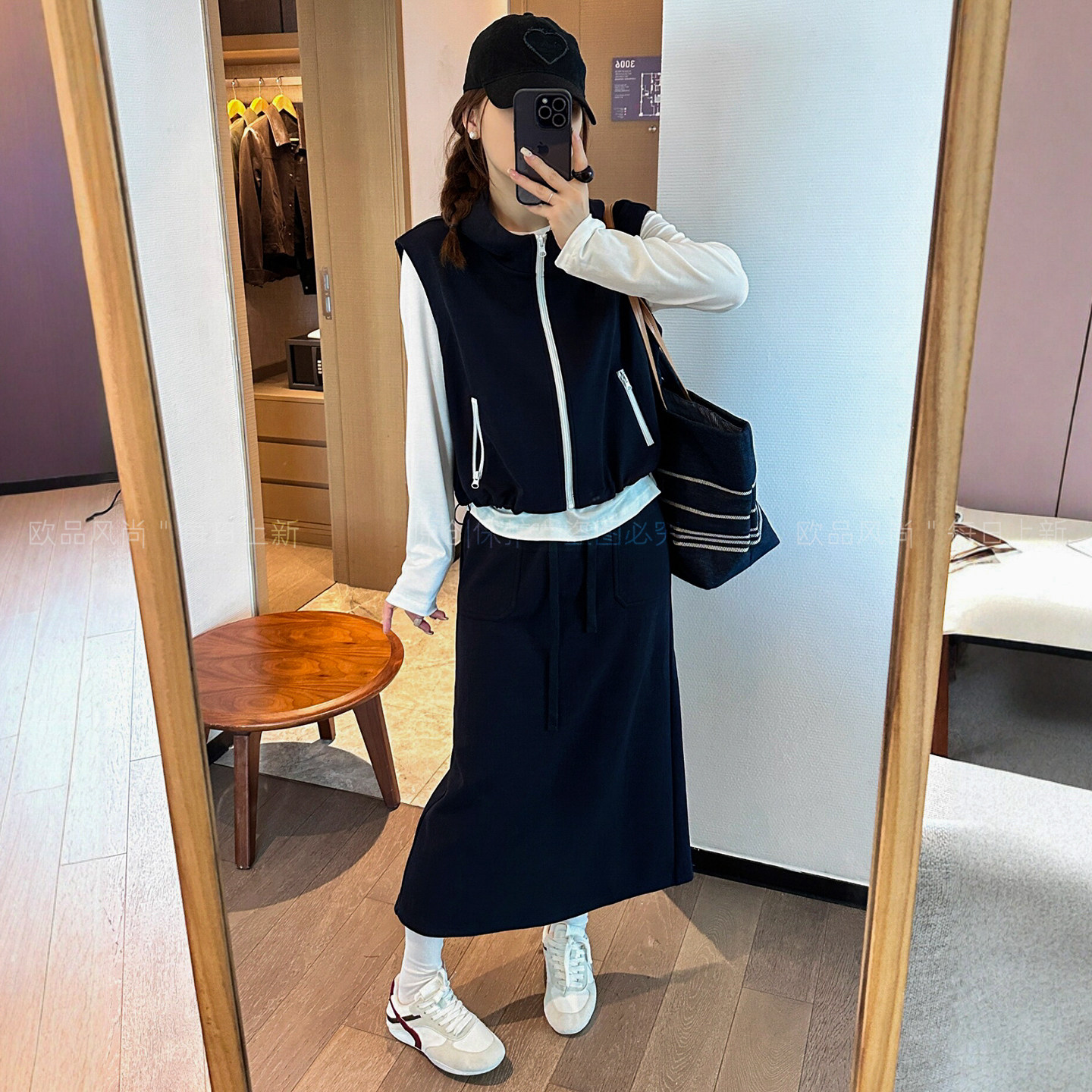 连帽马甲外套T恤半身裙装女欧货