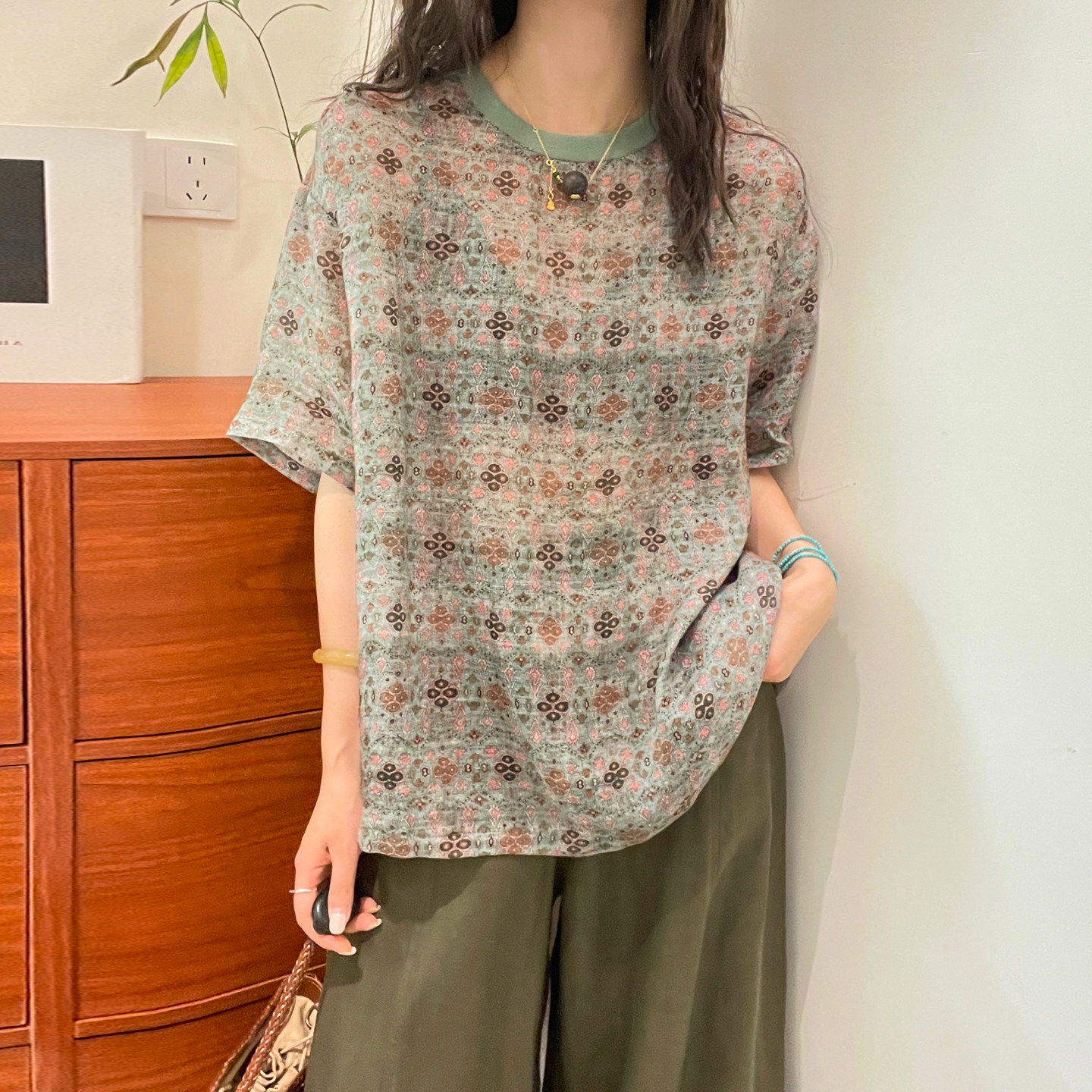 民族风印花苎麻短袖衬衫女欧洲站