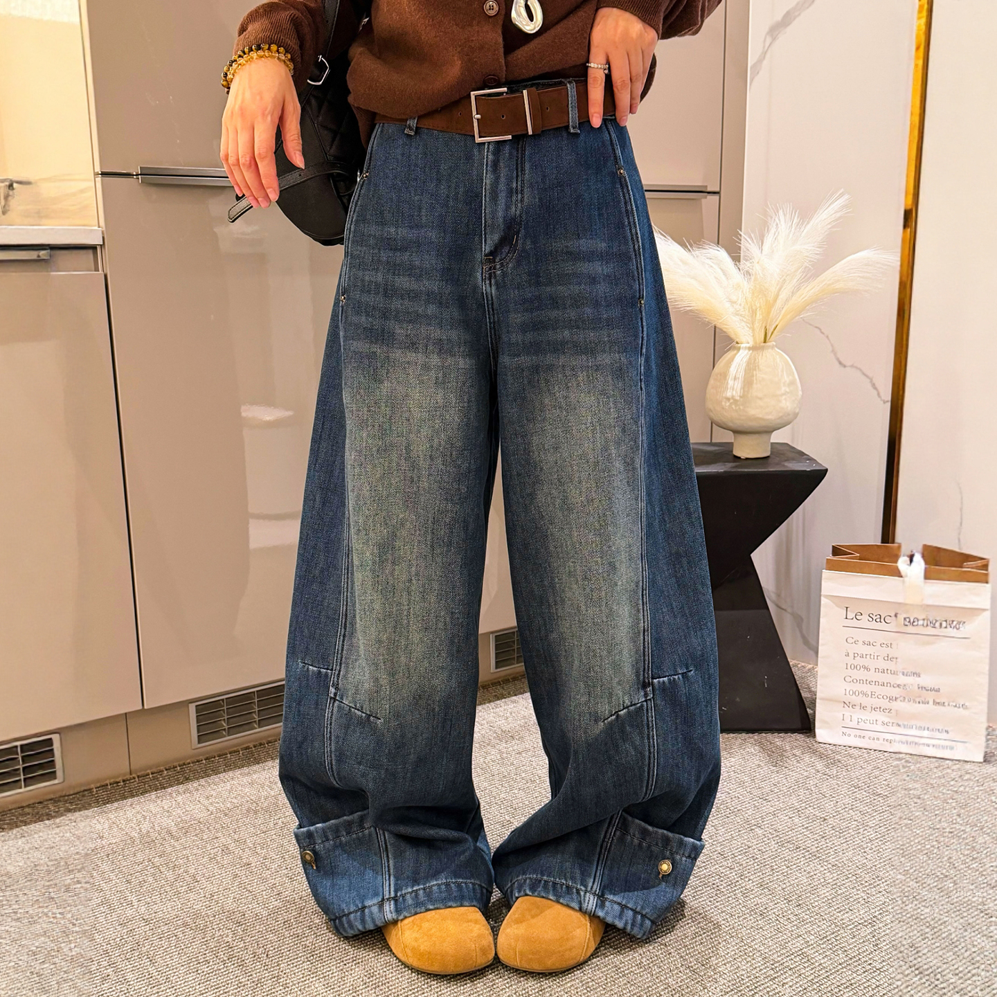 立体剪裁加绒牛仔裤女欧洲站2025冬装新款欧货女装加厚阔腿裤子潮