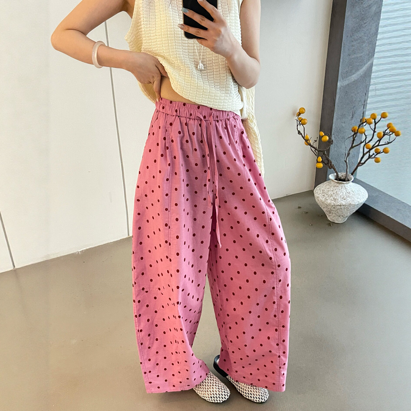撞色波点直筒亚麻阔腿裤女欧洲站
