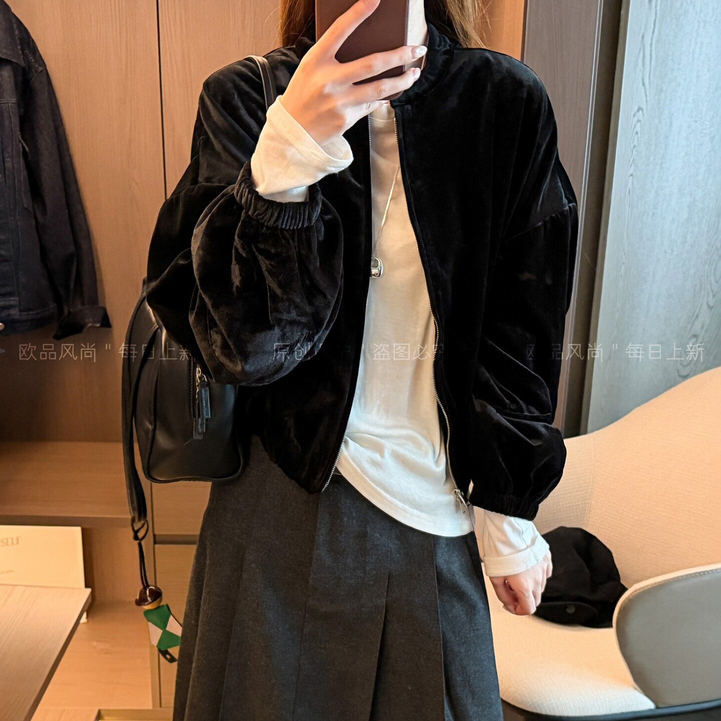复古立领金丝绒短外套女欧货上衣