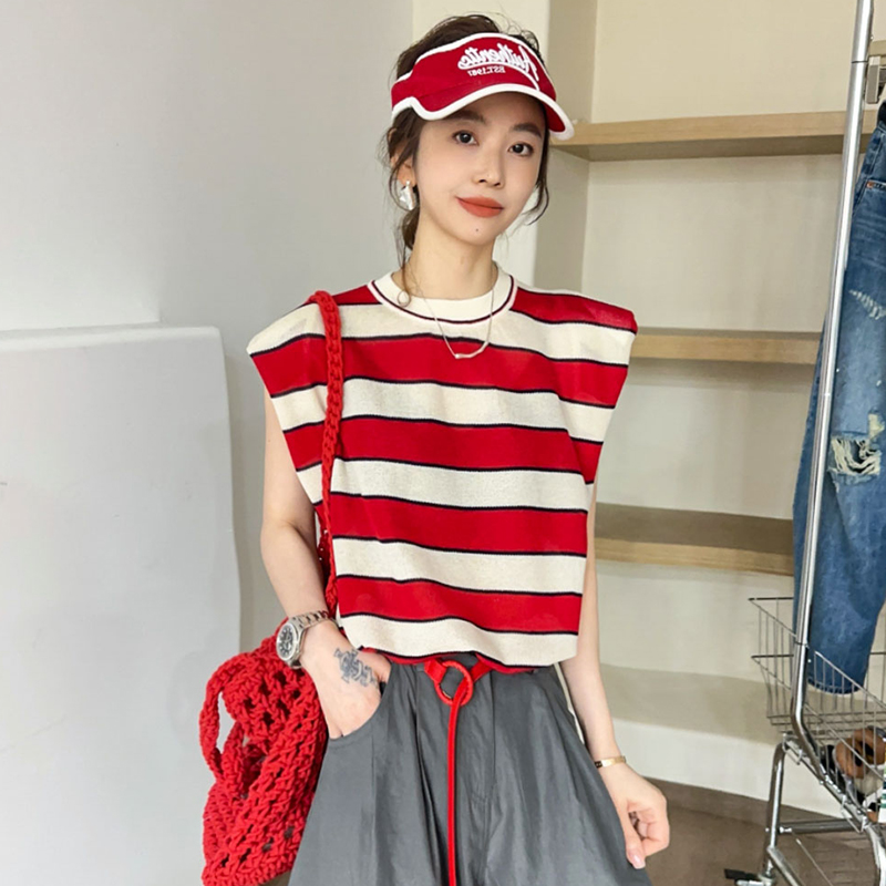 下擺抽繩條紋亞麻針織衫女歐洲站