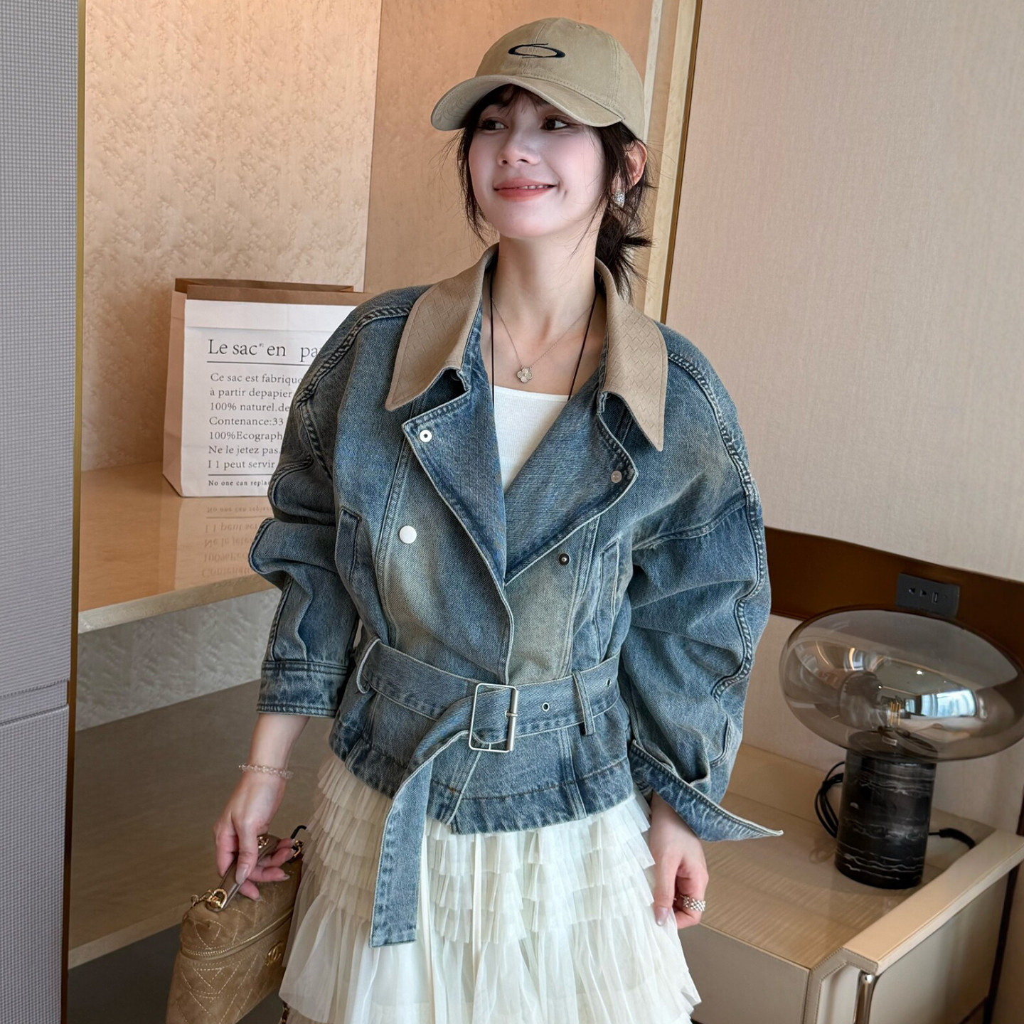 撞色翻领收腰牛仔外套女欧货外套