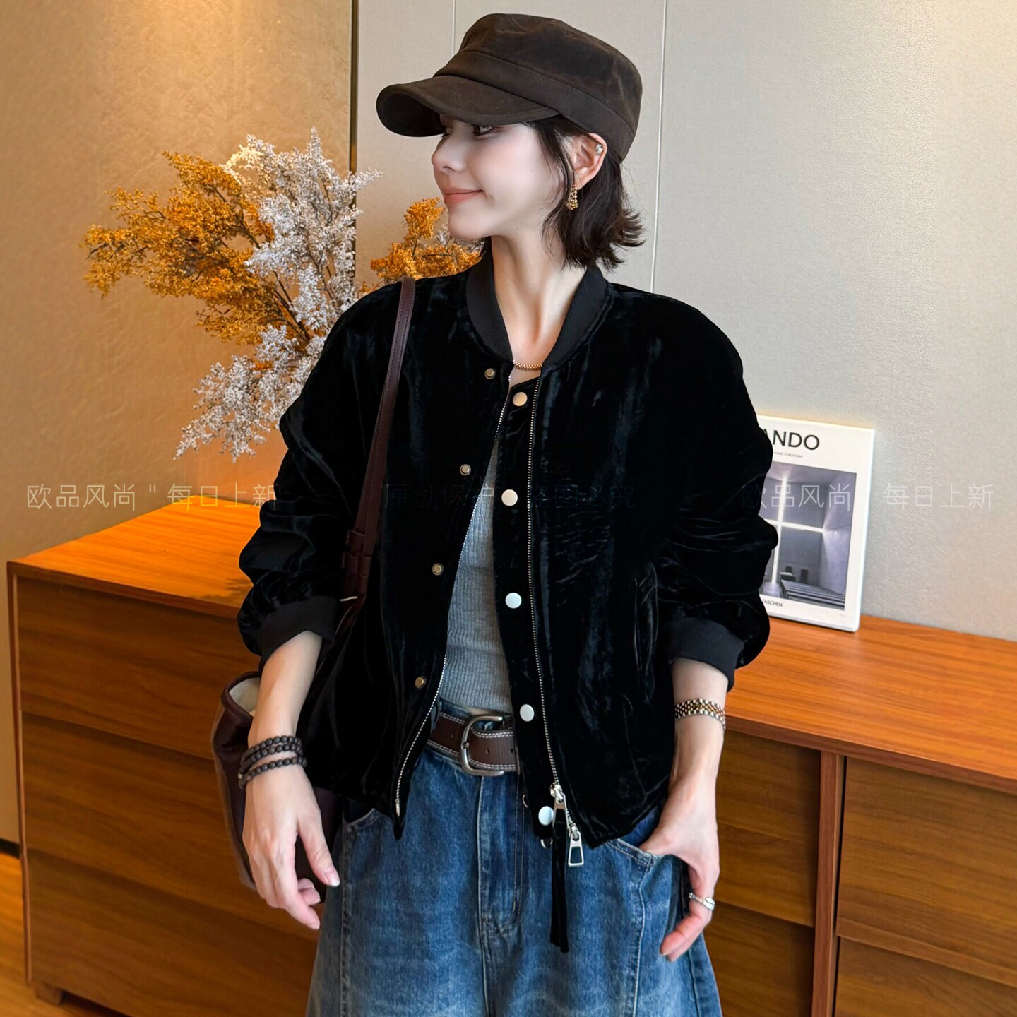 复古立领金丝绒棒球服外套女欧货