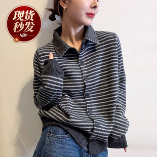 欧货女装 新款 短外套潮 女欧洲站2025冬装 撞色条纹翻领羊毛针织开衫