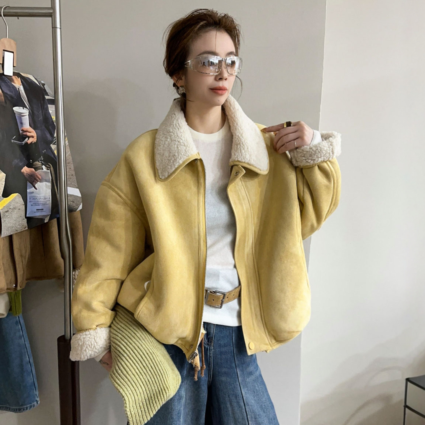 羊羔毛翻领麂皮绒外套女欧货外套