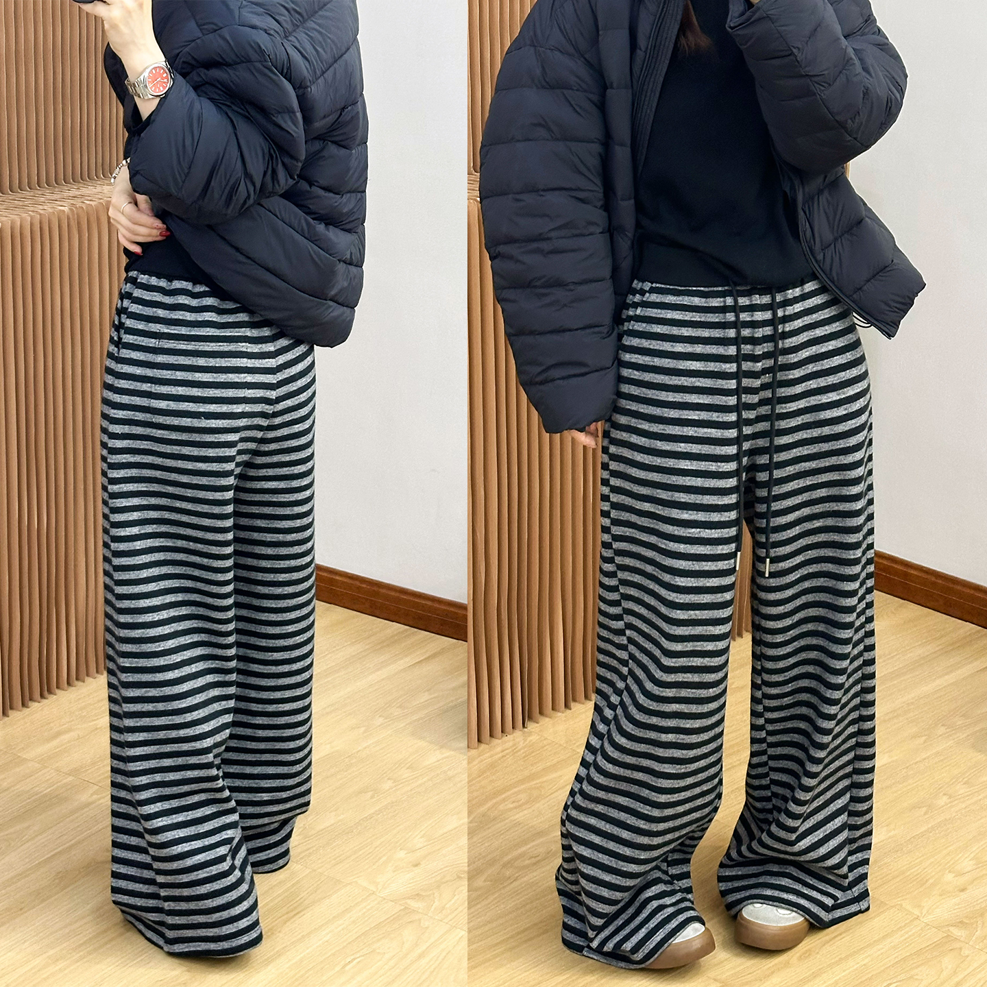 撞色条纹羊毛呢加绒阔腿裤欧洲站