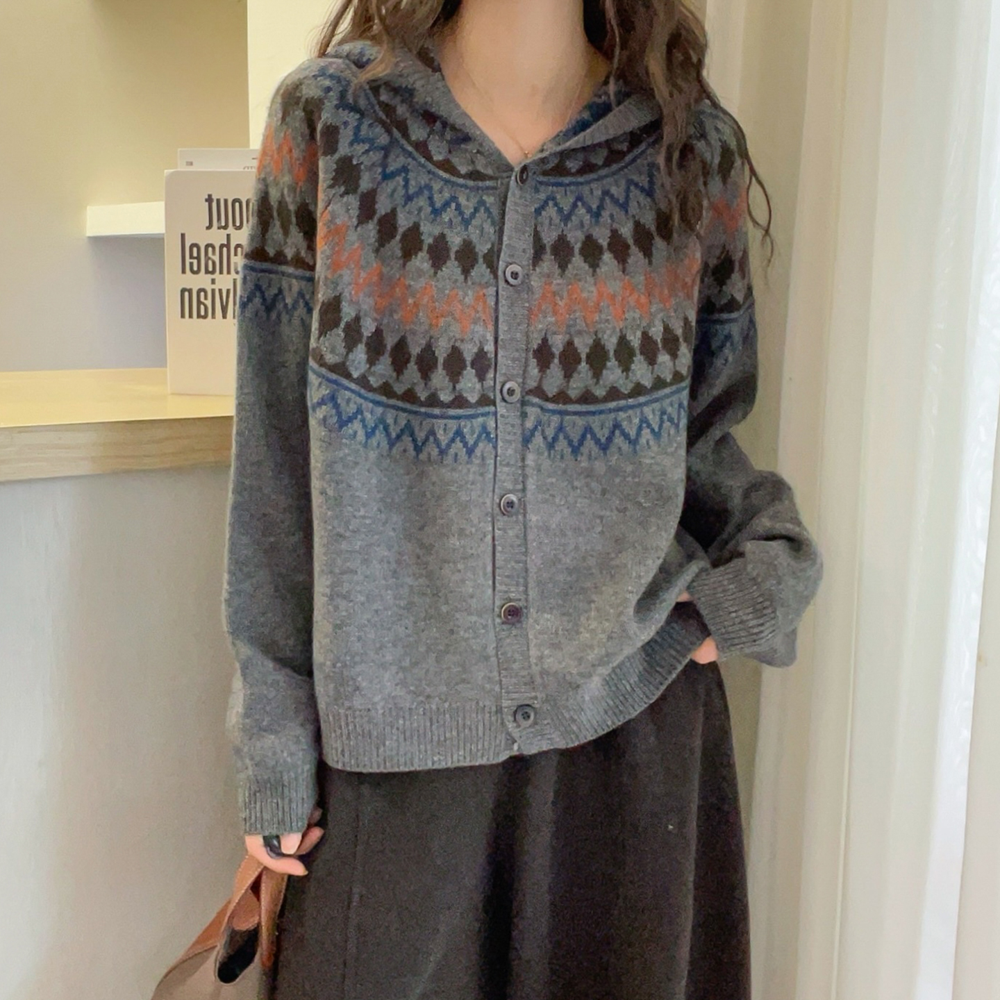 费尔岛提花连帽羊绒针织开衫欧货