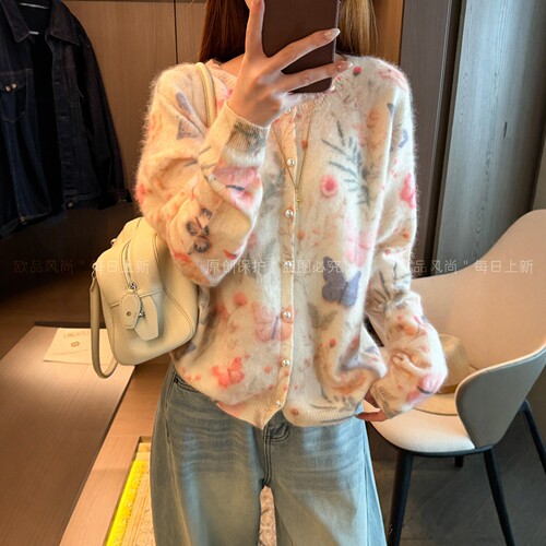 小香风羊毛拉绒针织开衫女欧洲站