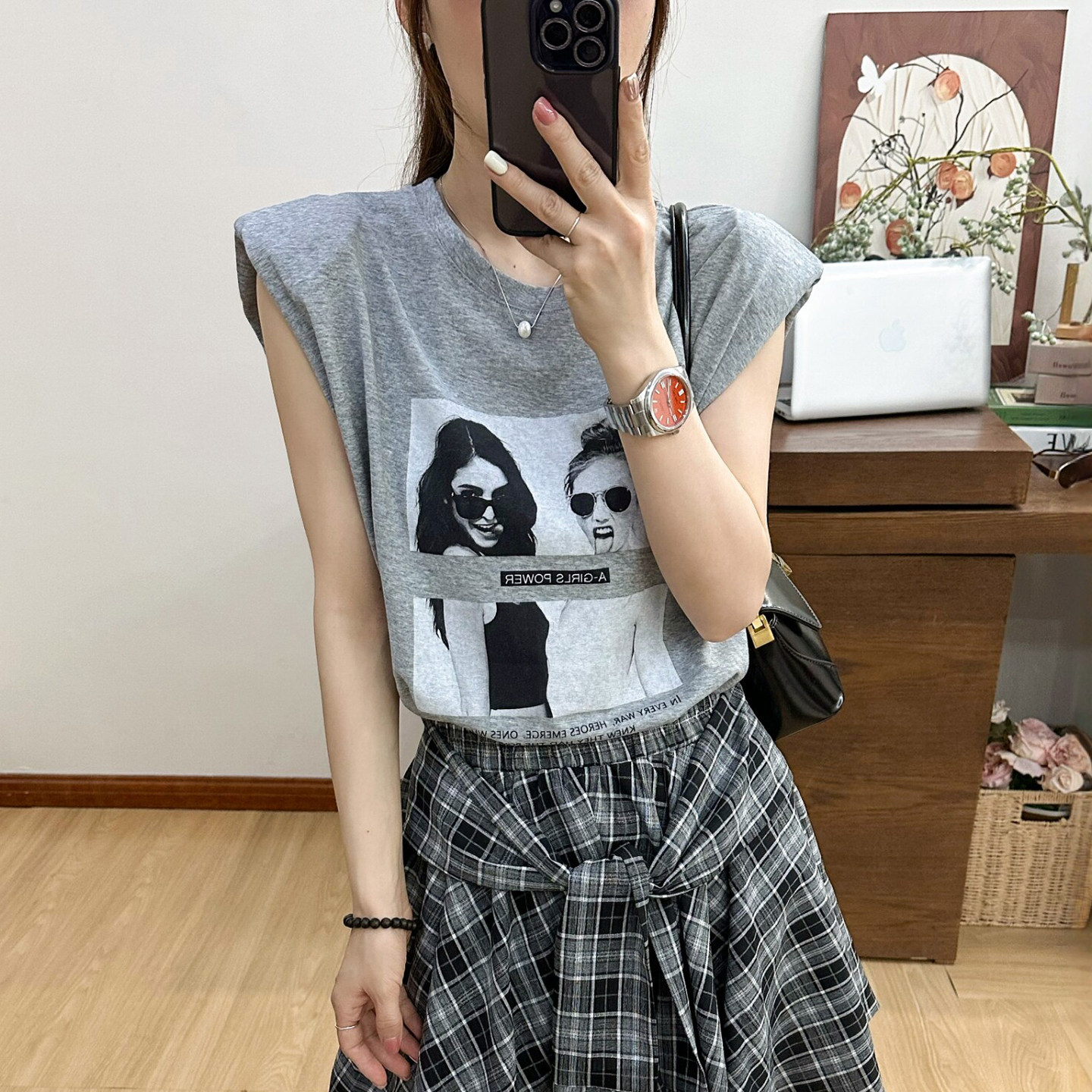 美女印花垫肩飞飞袖T恤女欧洲站