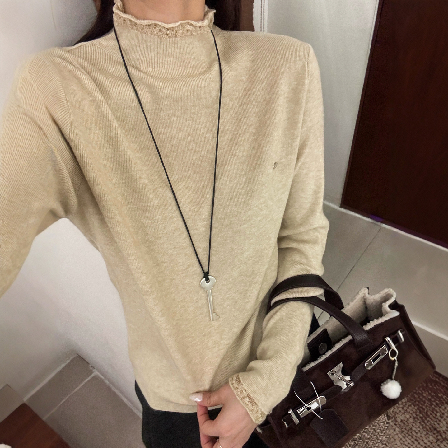 木耳边高领羊毛针织衫女欧货打底