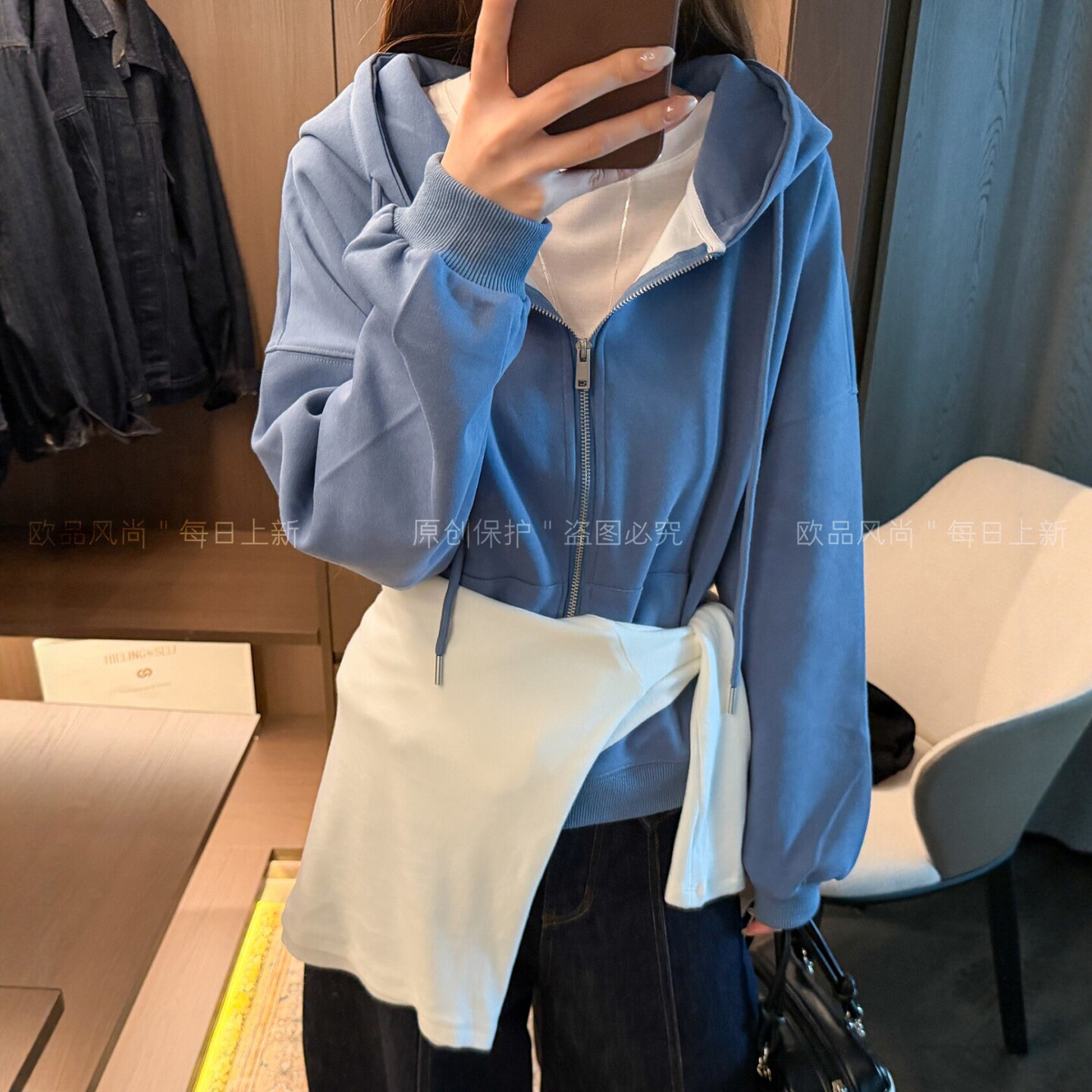 雾霾蓝连帽卫衣开衫外套女欧洲站