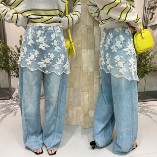 女欧洲站2026春装 裤 新款 时尚 子潮 欧货女装 蕾丝屁帘拖地阔腿牛仔裤