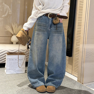 拖地直筒裤 配挂件加绒阔腿牛仔裤 欧货女装 新款 潮 女欧洲站2025冬装
