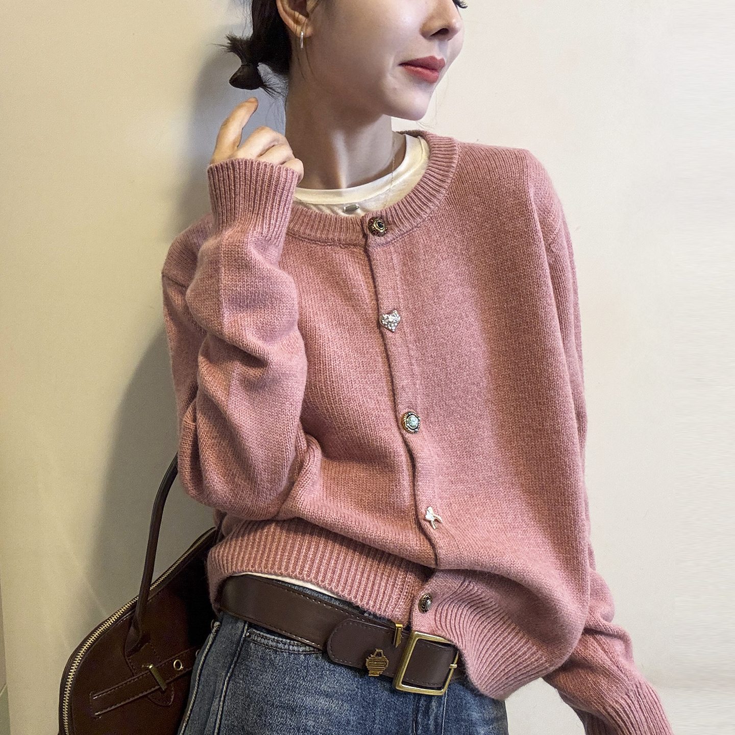 重工纽扣细羊毛针织开衫女欧洲站