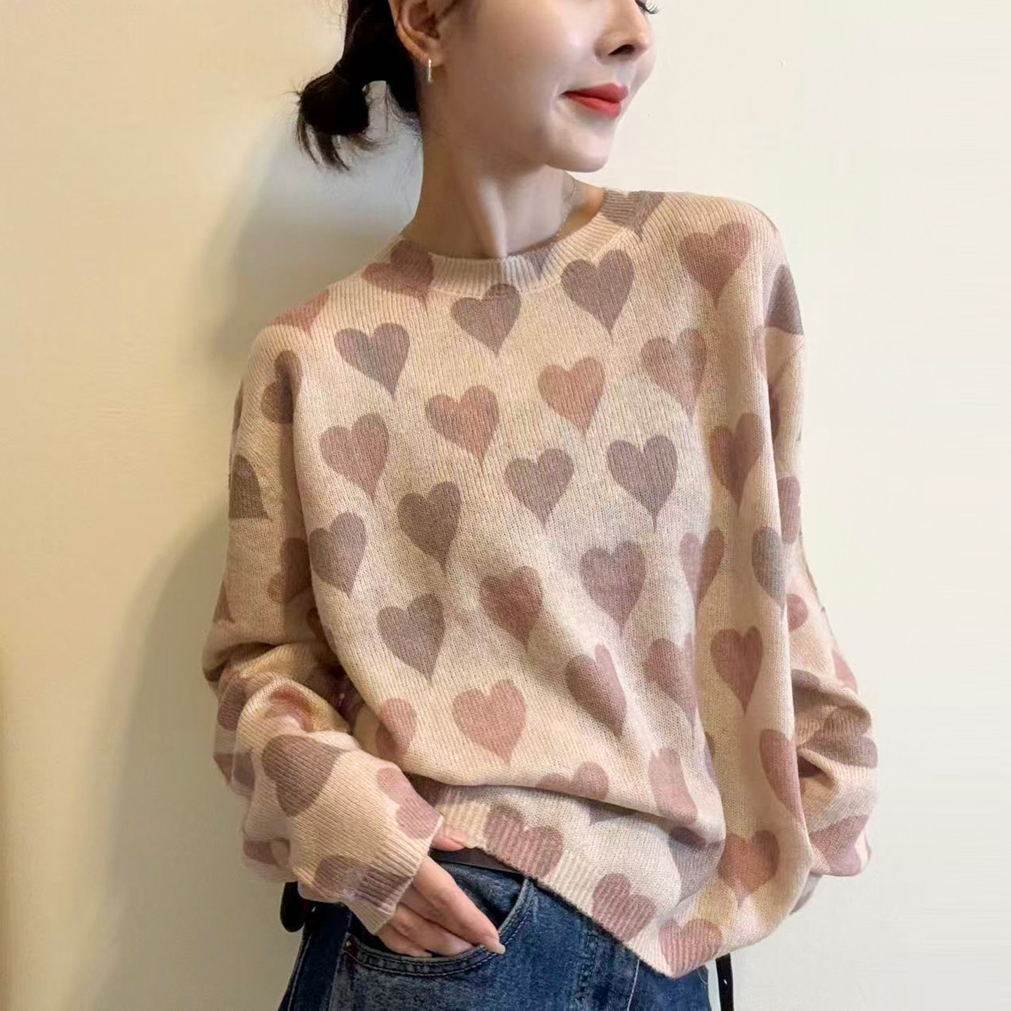 爱心印花羊毛针织衫女欧洲站毛衣